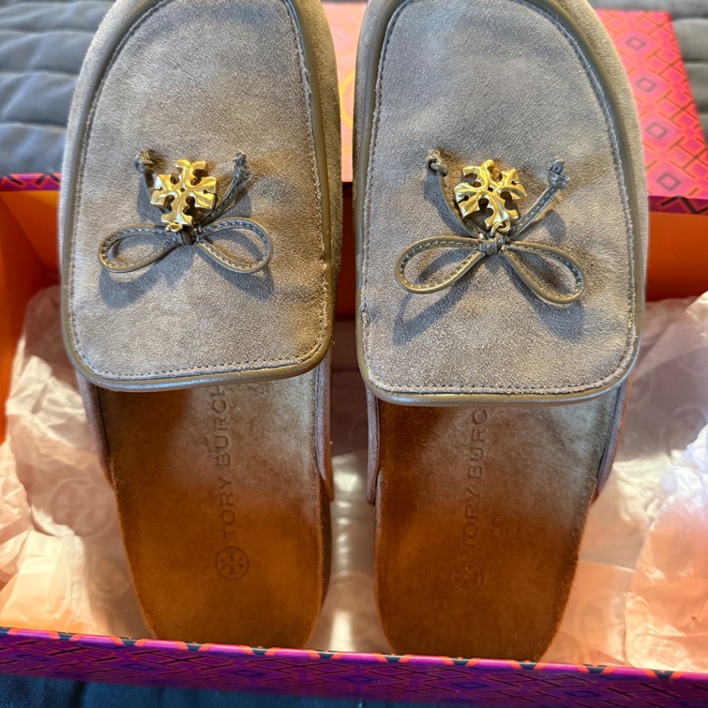 TORY BURCH CHARM MULE NATION SUEDE in RIVER ROCK